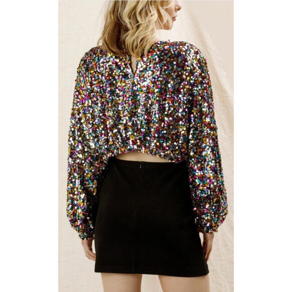 NWT En Creme Multi Color Rainbow Rubina Confetti Sequin Cropped Top - Picture 11 of 14
